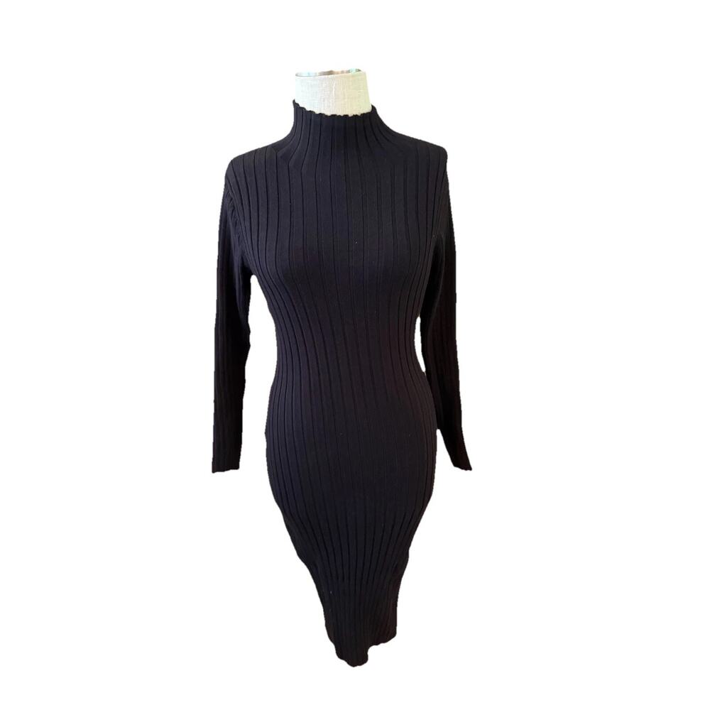 Fashion Bodycon Sweater Dress Womens Medium Black Knit Long Sleeve Mock Neck